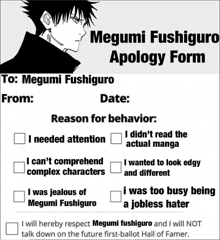 a megumi fushiguro apology form with a picture of him