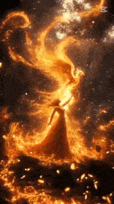 a woman in a red dress is surrounded by flames and a phoenix is coming out of the flames .