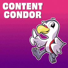a cartoon bird is on a purple background with the words content condor above it