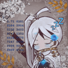a drawing of a girl with white hair and a blue rose with the number zzz on her head