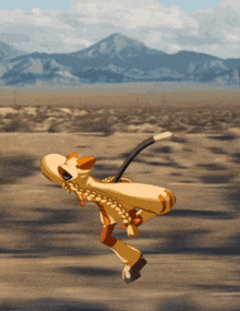 a cartoon character is running in the desert