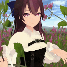 a girl with purple hair and pink eyes is standing in a field of flowers