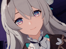 a close up of a girl with gray hair and pink eyes