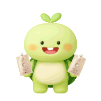 a green turtle mascot is holding two small bags with chinese writing