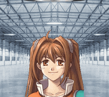 a girl with pigtails is smiling in front of a large building