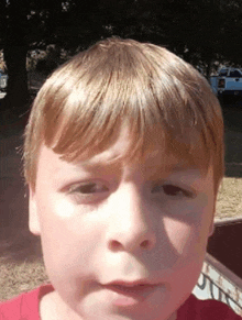 a young boy in a red shirt looks at the camera with a serious look on his face