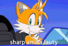 a cartoon of tails the fox driving a car with the words sharp ama a lauty below him