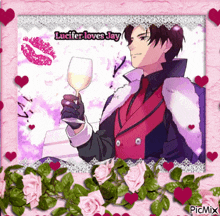 a picture of a man holding a glass of wine with the words lucifer loves jay on the bottom