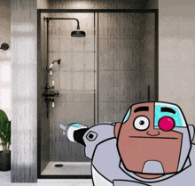 a cartoon character with a red nose stands in a shower