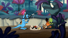 a cartoon of a kangaroo fishing while another kangaroo watches