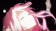 a girl with pink hair is laying down with snowflakes coming out of her hair