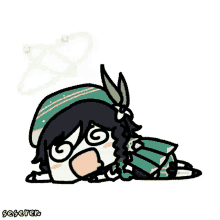 a cartoon of a person laying on the ground with their mouth open and a hat on .
