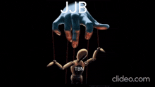 a hand is holding a puppet with the words jb and tbn written on it
