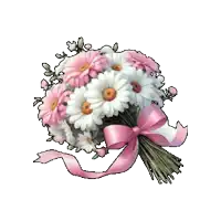 a bunch of daisies with a pink bow