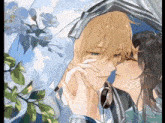 a drawing of a man and a woman kissing with flowers in the background