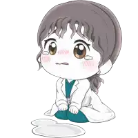 a cartoon drawing of a woman in a lab coat kneeling down next to a person holding an umbrella