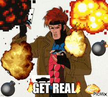 a cartoon of gambit holding a gun with the words " get real " written below him
