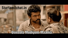 a man with a beard and mustache is talking to another man in a movie .