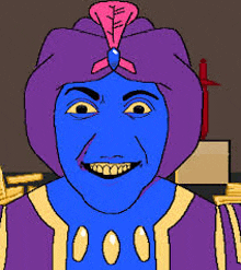 a cartoon character with a blue face and a purple turban on his head .