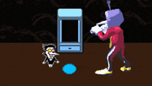 a pixel art drawing of a cartoon character with a box on his head