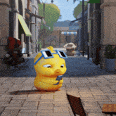 a yellow cartoon chicken wearing sunglasses holds a cell phone