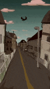 a cartoon drawing of a witch flying over a city street