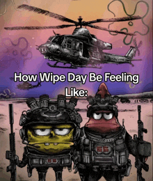 a cartoon of spongebob and patrick standing next to each other with a helicopter in the background