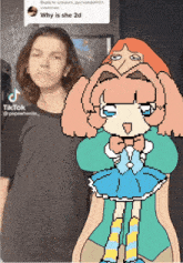 a girl is standing next to a pixel art of a girl with the caption why is she 2d