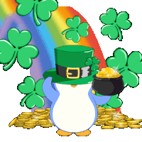 a penguin wearing a leprechaun hat holds a pot of gold