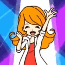 a cartoon girl is dancing with her arms in the air and smiling .