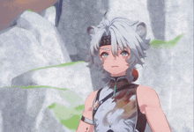 a girl with white hair and a tattoo on her arm stands in front of a mountain