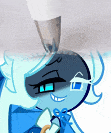 a drawing of a blue cartoon character with a pen on it