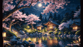 a painting of a japanese garden at night with a full moon
