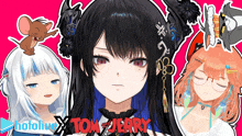 a poster for hololive x tom and jerry has a mouse on top of a girl 's head