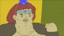 a cartoon character is wearing a party hat and holding a gold coin