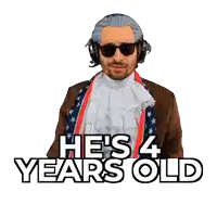 a man in a costume with the words he 's 4 years old above him