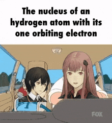 the nucleus of an hydrogen atom with its one orbiting electron is shown in a cartoon