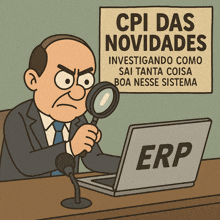 a cartoon of a man looking through a magnifying glass at a laptop that says erp on it