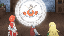 a group of anime characters are looking at a white circle with a spider in it