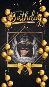 a happy birthday card with a picture of a girl in a mask