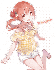 a girl with a flower in her hair and the name namirin on the bottom