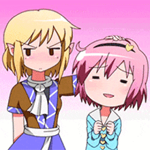 two anime girls are standing next to each other and one has a heart on her head