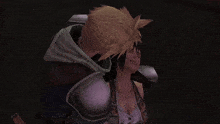 a close up of a video game character with blonde hair and purple armor