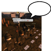 a group of soldiers in a video game with a speech bubble