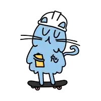 a cat wearing a hard hat is riding a skateboard and holding a bucket