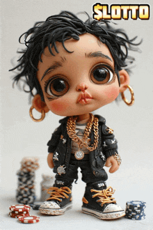 a doll is standing next to stacks of poker chips and a sign that says sloto