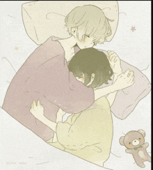 a drawing of a boy and a girl hugging each other with a teddy bear in the background