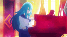 a girl with long blue hair playing a red piano