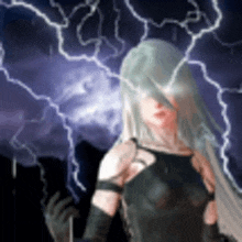 a woman in a black dress is standing in front of lightning .