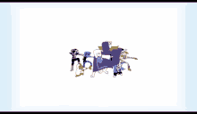 a group of cartoon characters are standing next to each other and one of them has a purple shirt on